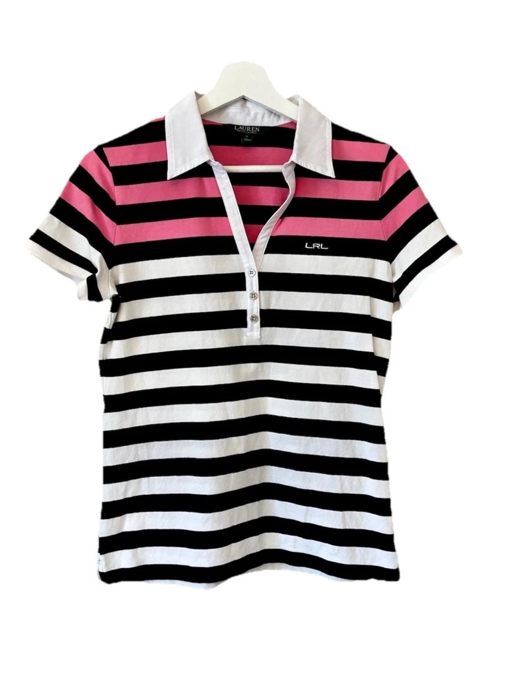 Lauren Ralph Lauren Pink & Black Stripe Polo Top Size M Golf